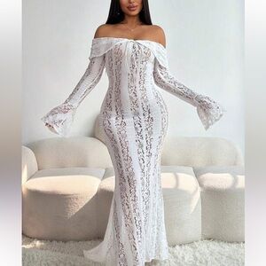 Sexy Slit Lace Hollow-Out Tie-Up Off-Shoulder Long Sleeve Fitted Fishtail Dress
